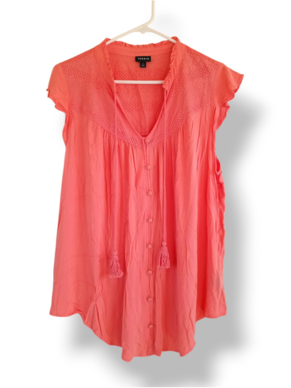 Torrid Coral Blouse boho tunic embroidery eyelet light flowy pink summer colorfu